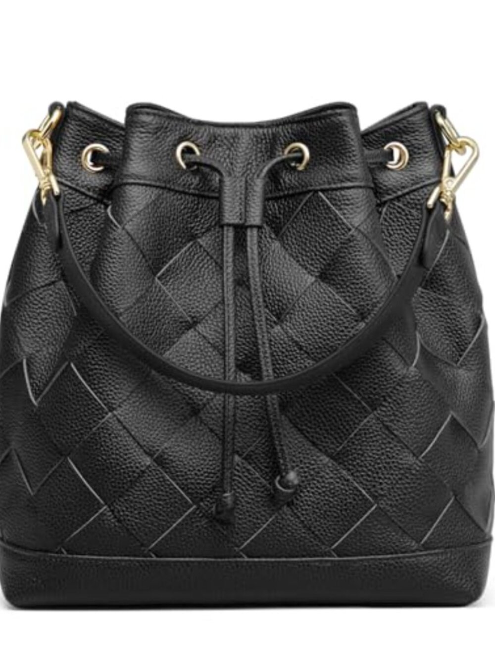 Handwoven Genuine Leather Bucket Bag Drawstring Crossbody Shoulder 2 Straps